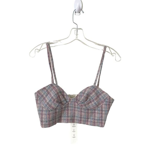 Zara Crop Plaid Tweed Top Pink Blue Size Small NEW - Picture 1 of 7